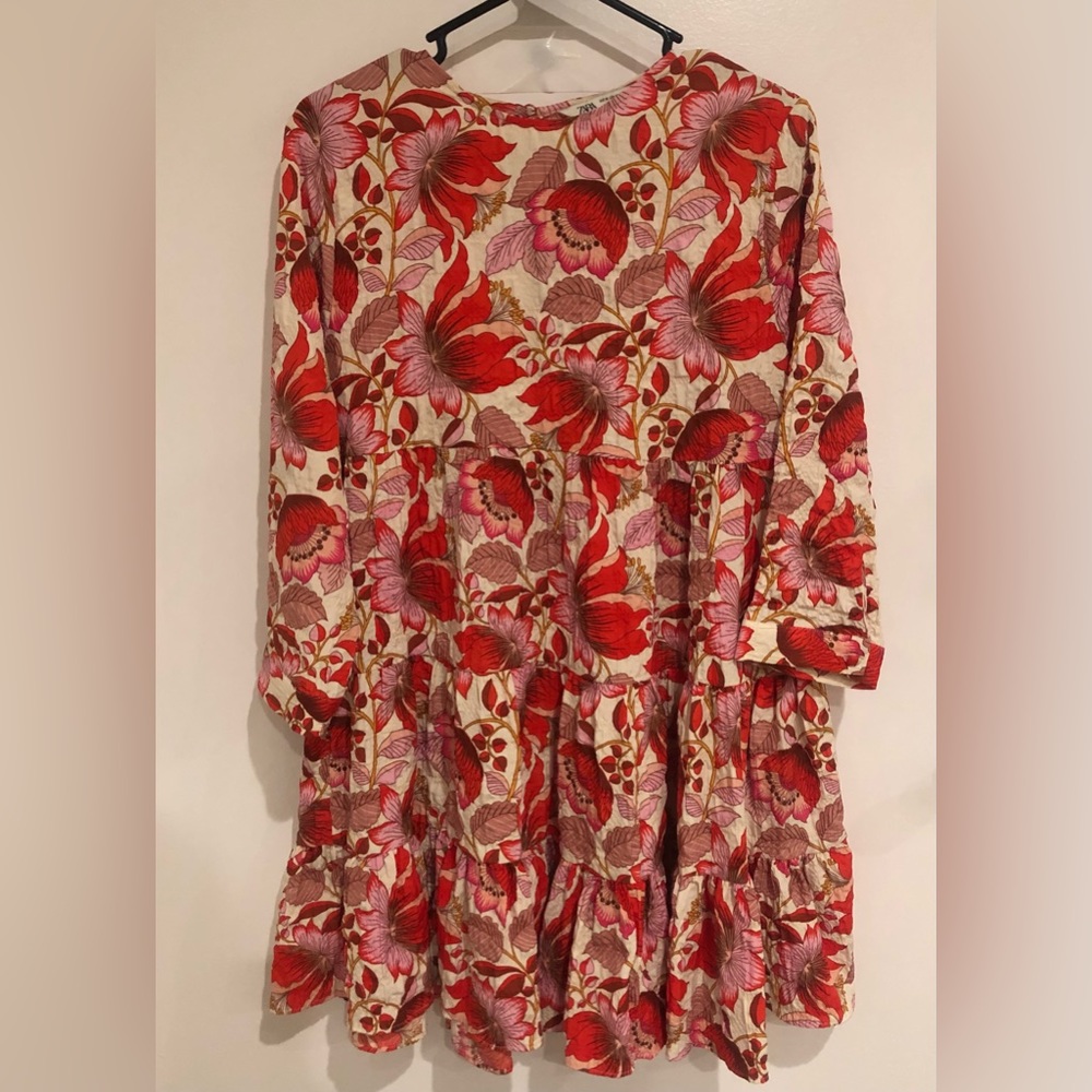 Zara, red&pink floral button down mini dress